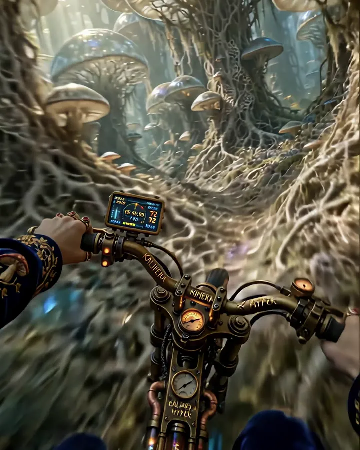 First-person view from brass handlebars riding through a forest of giant mushroom trees