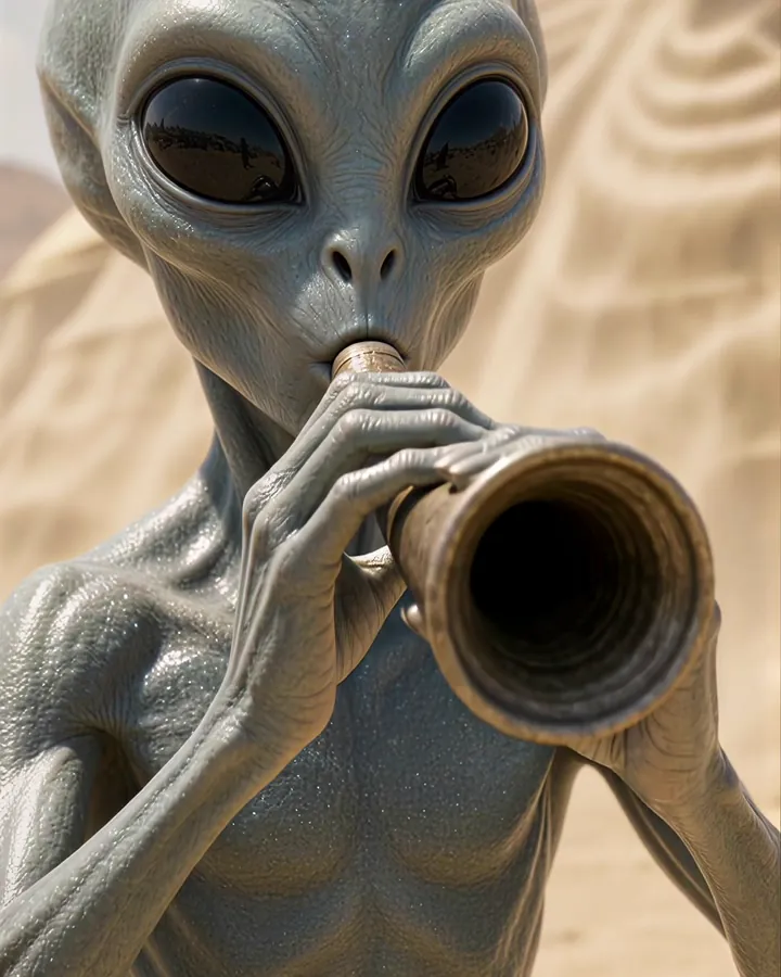 A grey alien playing a long brass horn in the desert sand