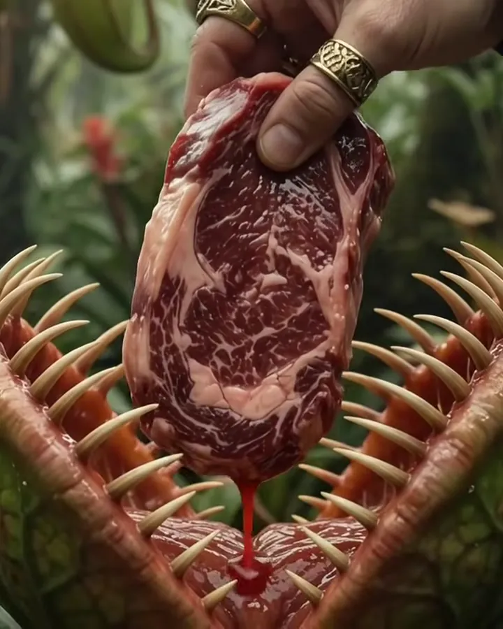 A ringed hand lowering a raw steak into the toothed jaws of a giant flytrap