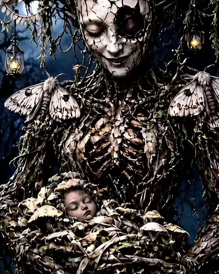 A pale bark-and-bone creature cradling sleeping infants in a nest of mushrooms under a full moon