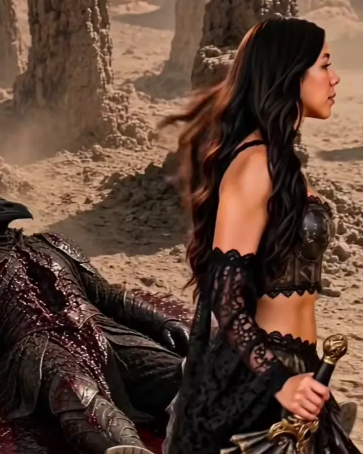 Lilith in black lace with a sword, standing over a slain beast in desert ruins