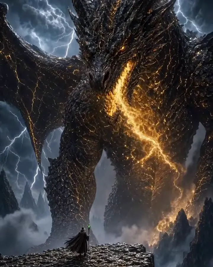 A colossal dragon veined with molten gold rising out of a lightning storm