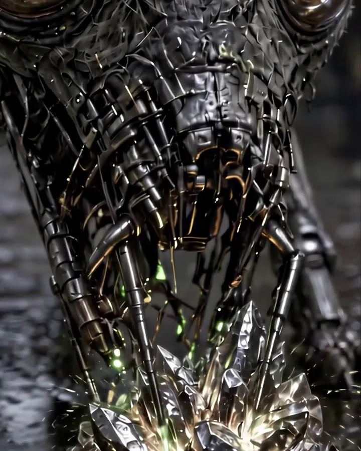 A many-eyed mechanical creature gnawing on a cluster of crystals with glowing green jaws