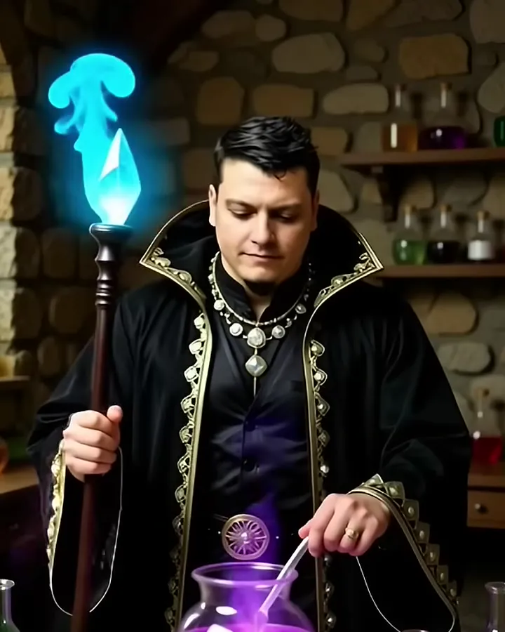 Myco Honess in his alchemy lab, a blue-flame staff in one hand and a violet potion bubbling below